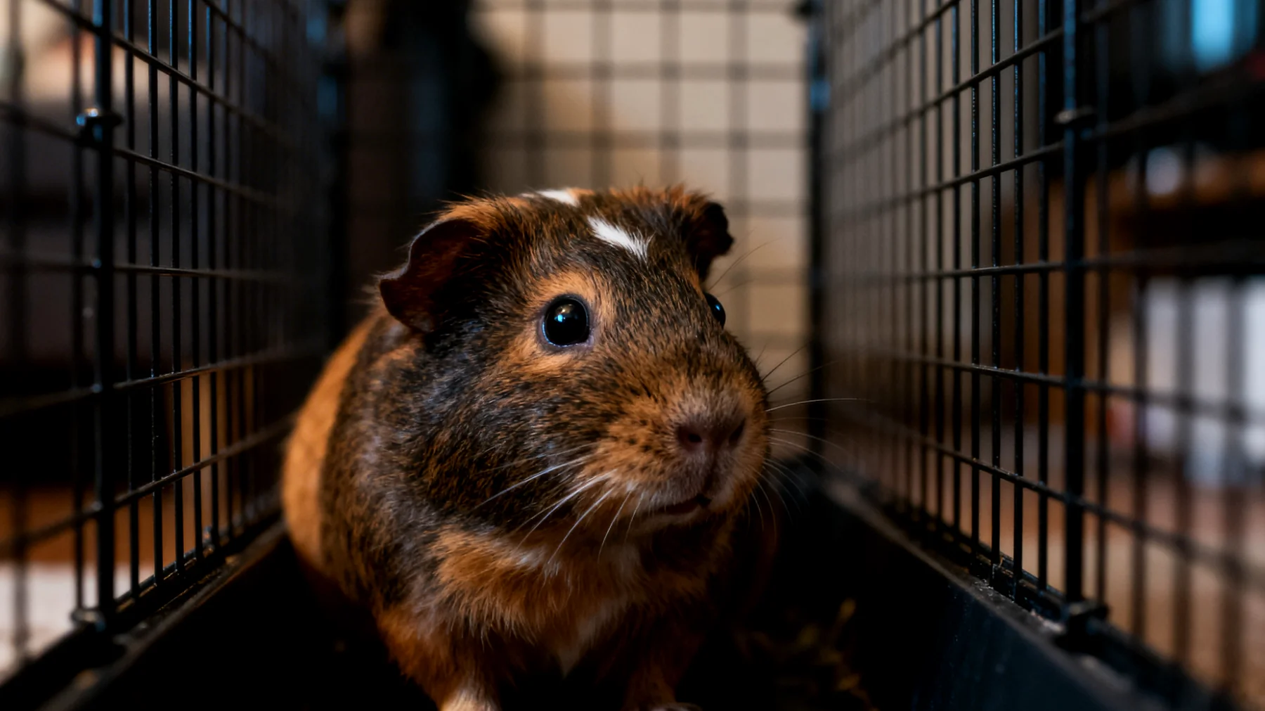 Meerschweinchen in Wohnungshaltung zeigen häufig Stress durch Platzmangel, fehlende Rückzugsmöglichkeiten und Lärmbelastung, was zu Verhaltensstörungen und gesundheitlichen Problemen führen kann"