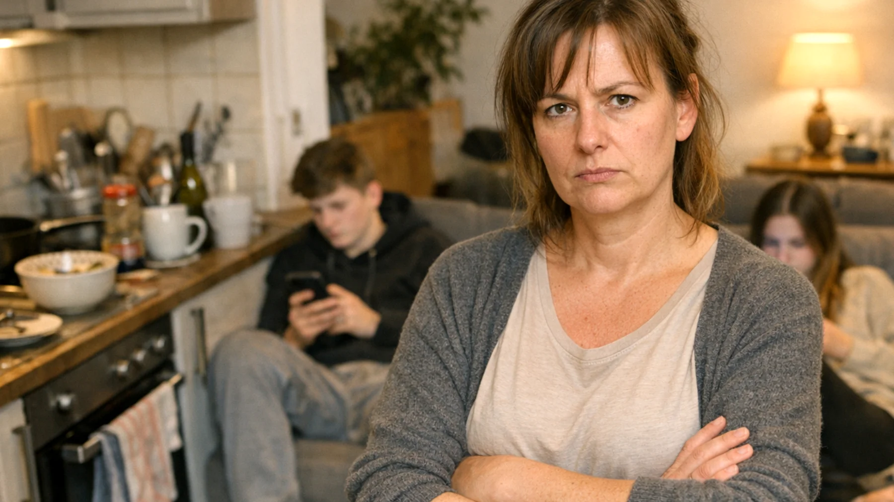 Die Mutter fühlt sich frustriert und erschöpft, weil ihre jugendlichen Kinder sich weigern, bei alltäglichen Haushaltsaufgaben mitzuhelfen. Trotz wiederholter Bitten bleiben Zimmer unaufgeräumt, Geschirr wird nicht gespült und gemeinsame Verantwortlichkeiten werden ignoriert. Die Mutter hat das Gefühl, unsichtbar zu sein und nicht gehört zu werden, was zu einem wachsenden Gefühl von Ungerechtigkeit und Einsamkeit führt."