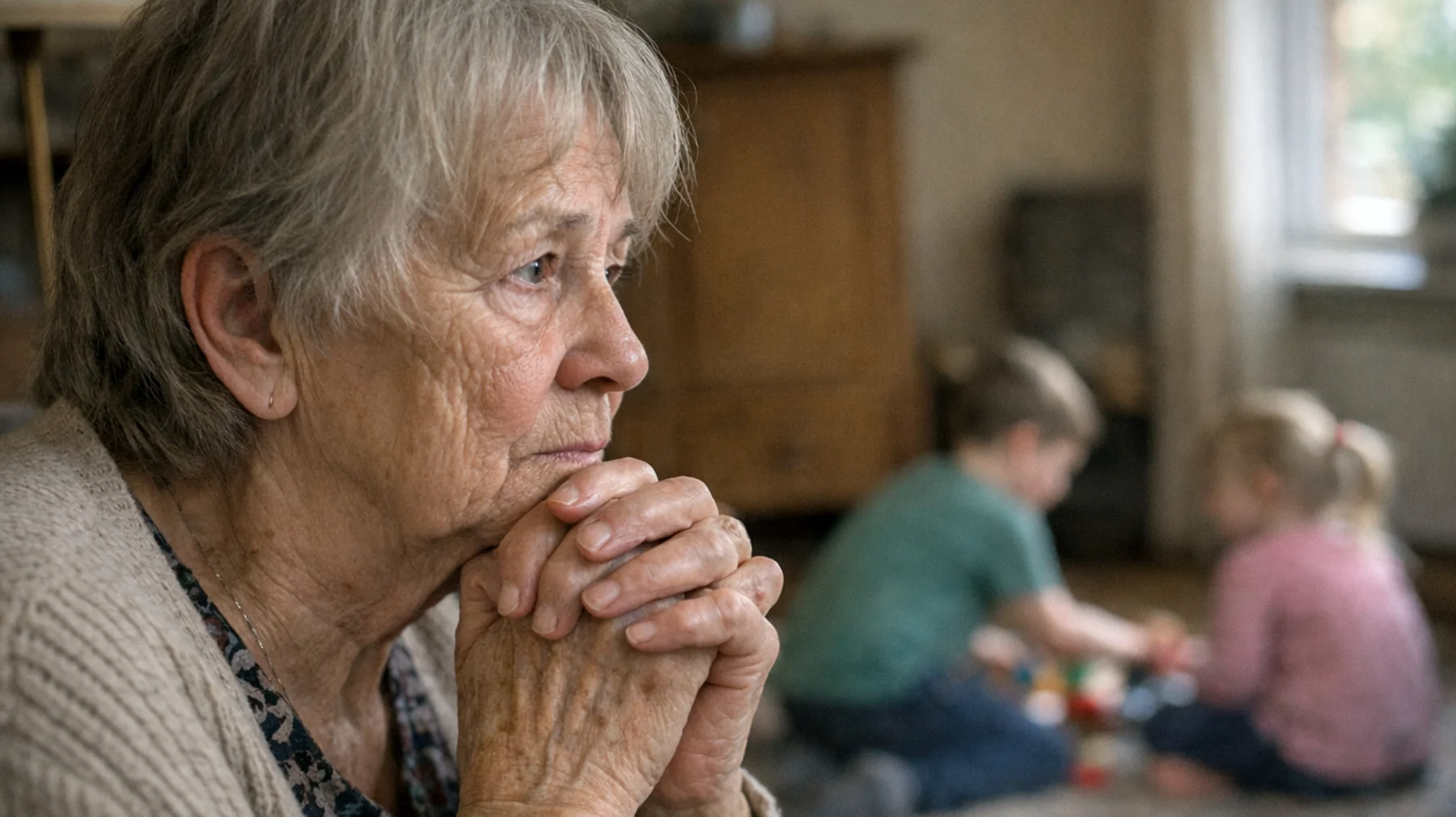 Die Oma macht sich intensive Sorgen um die Zukunft ihrer kleinen Enkelkinder – sei es in Bezug auf ihre Gesundheit, ihre schulische Entwicklung, ihre sozialen Beziehungen oder die allgemeine Unsicherheit der Welt. Diese Zukunftsangst führt dazu, dass sie übermäßig wachsam, kontrollierend oder ängstlich im Umgang mit den Enkeln wird, was sowohl ihr eigenes Wohlbefinden als auch die natürliche Entwicklung der Kinder beeinträchtigen kann."