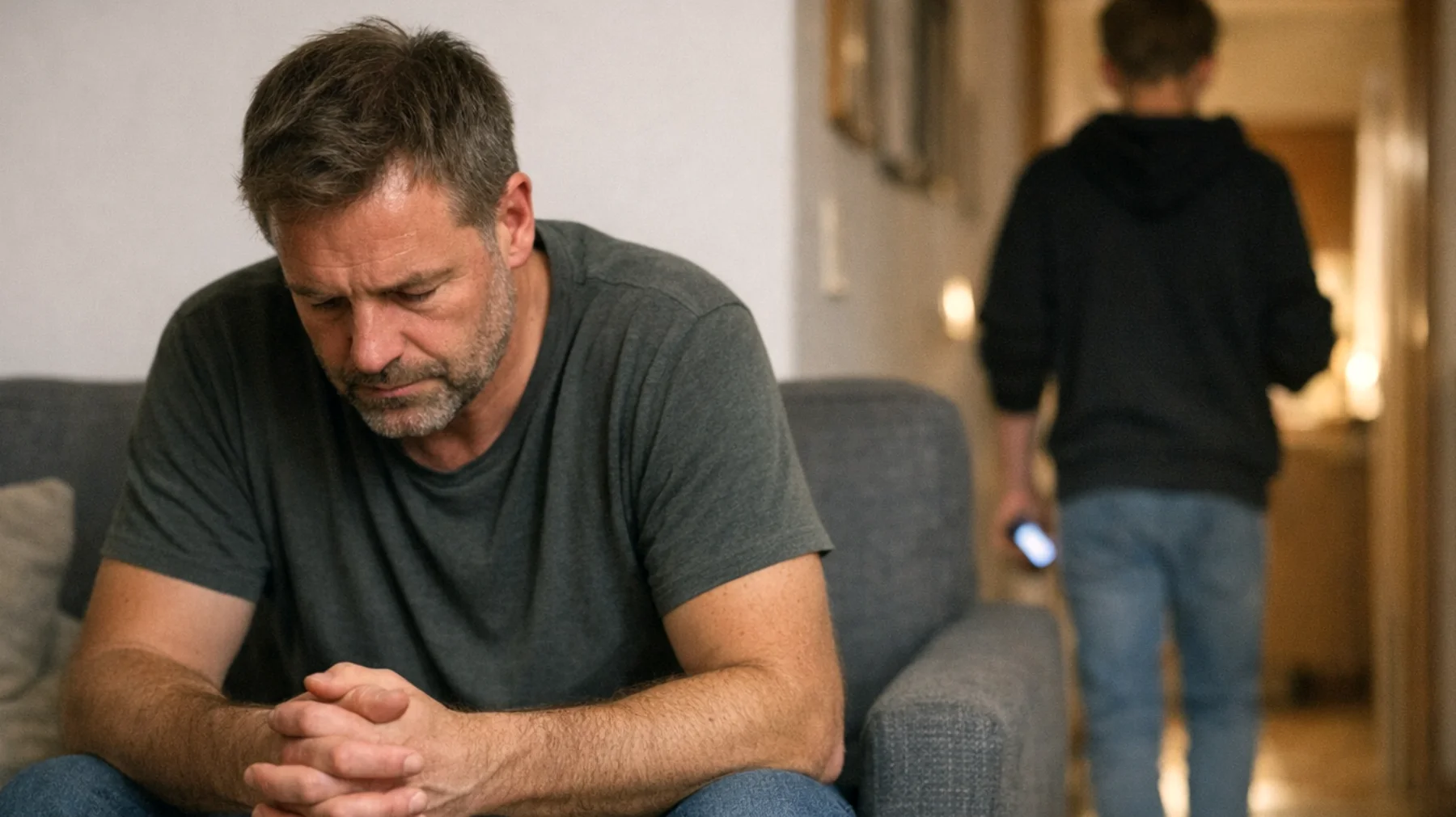 Der Vater bemerkt, dass sein jugendlicher Sohn/seine jugendliche Tochter sich zunehmend distanziert – weniger redet, mehr Zeit alleine verbringt und Umarmungen oder gemeinsame Momente meidet. Der Vater fragt sich, ob er etwas falsch gemacht hat, und hat Angst, die emotionale Verbindung zu seinem Kind für immer zu verlieren."