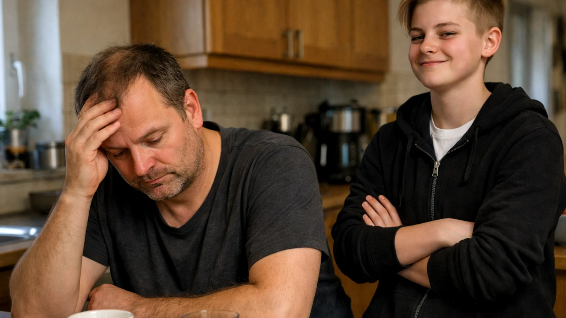 Ein Vater fällt es schwer, seinem jugendlichen Kind gegenüber Grenzen zu setzen, da er Konflikte vermeiden möchte und Angst hat, die Beziehung zu beschädigen. Er gibt nach, wenn der Jugendliche Druck ausübt – sei es bei Ausgehzeiten, Geldwünschen oder Hausregeln – und merkt, dass sein Kind immer weniger Respekt für Absprachen zeigt und die Konsequenzlosigkeit ausnutzt."