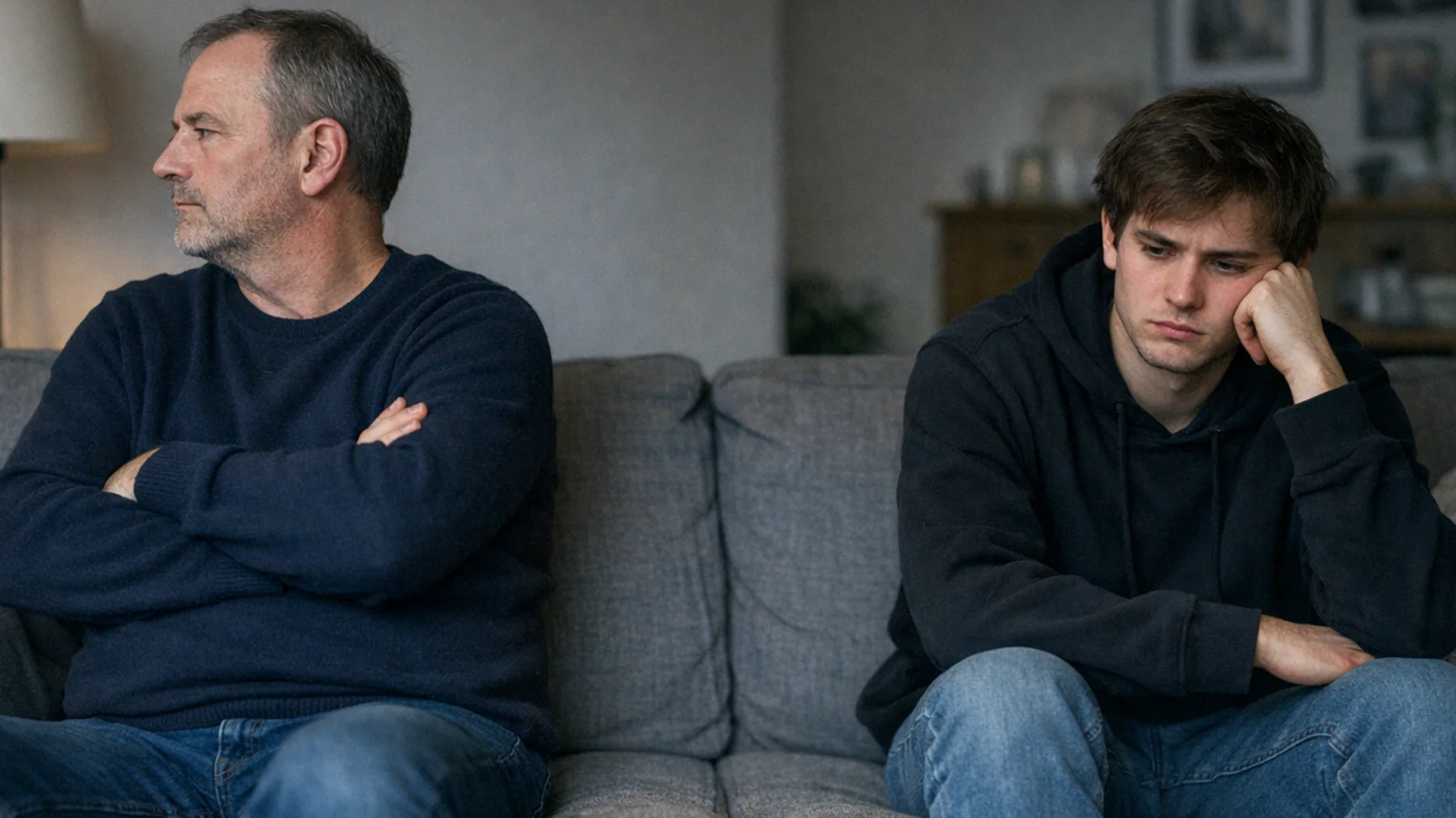 Ein Vater hat Schwierigkeiten, mit seinem jungen erwachsenen Kind über Emotionen zu sprechen. Wenn der Sohn/die Tochter Wut, Trauer oder Angst zeigt, reagiert der Vater mit Rückzug, Verharmlosung oder rationalen Erklärungen – anstatt emotional präsent zu sein. Dies führt zu wachsender Distanz und dem Gefühl des jungen Erwachsenen, nicht wirklich verstanden oder akzeptiert zu werden."